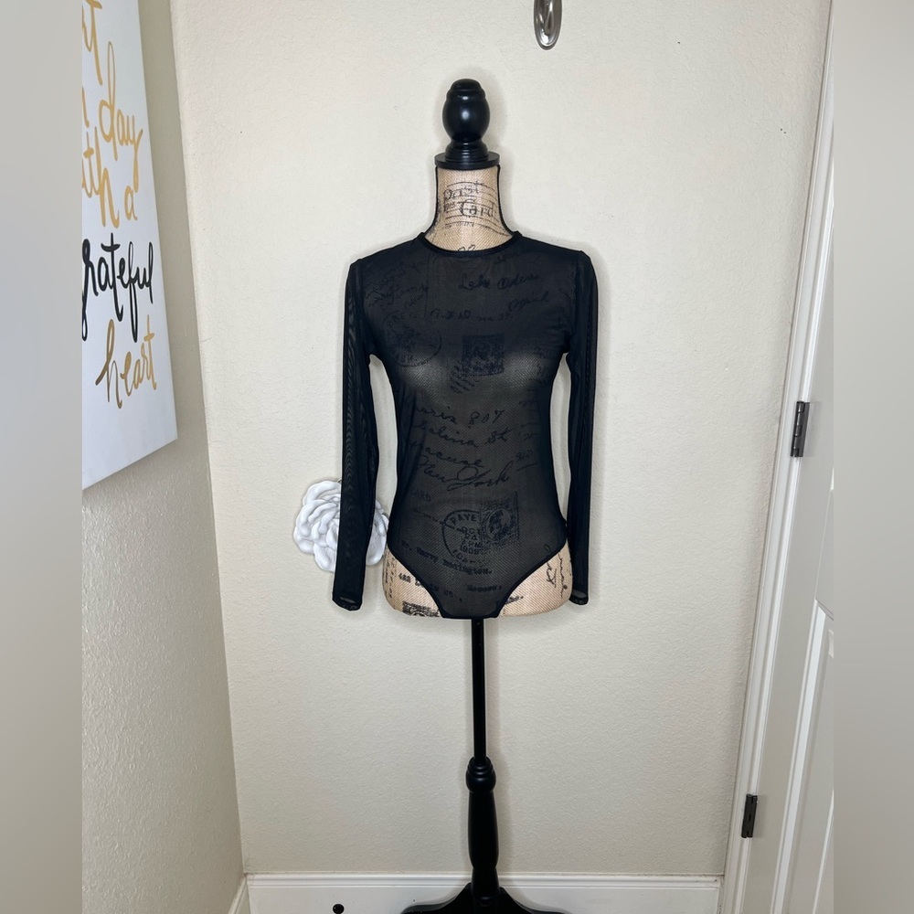 NTM: Auden Black Sheer Long Sleeve Thong Back Pullover Style Bodysuit Sz Medium - Picture 2 of 16
